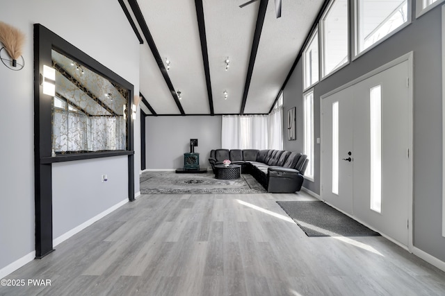 foyer with plenty of natural light, light wood-style flooring, and baseboards