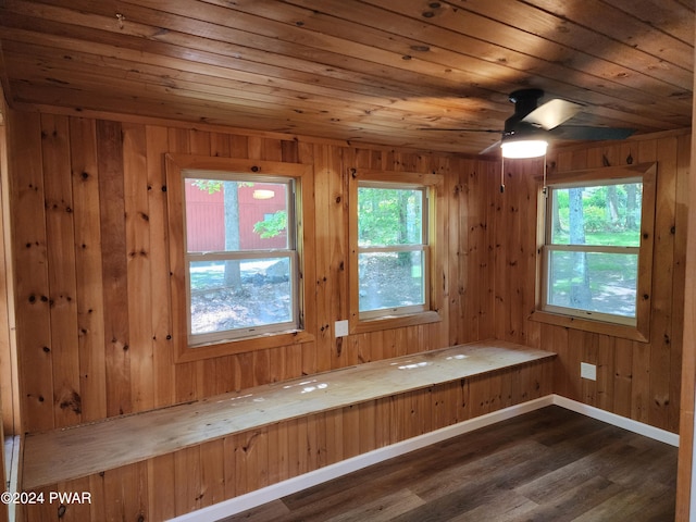 106 Rodeo Ln, Lords Valley, PA 18428 - interior space with wood ceiling, plenty of natural light, dark wood-style floors, a ceiling fan, and wood walls