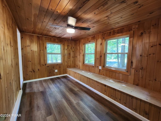 empty room featuring a wealth of natural light, dark hardwood / wood-style flooring, ceiling fan, and a baseboard radiator