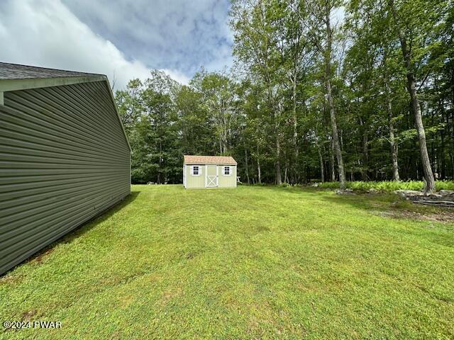 view of yard with a storage shed