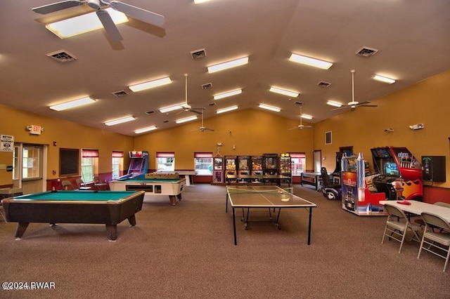 playroom with high vaulted ceiling, ceiling fan, carpet floors, and billiards