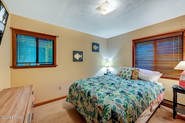 carpeted bedroom with a textured ceiling