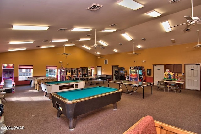 playroom featuring light carpet, high vaulted ceiling, and billiards