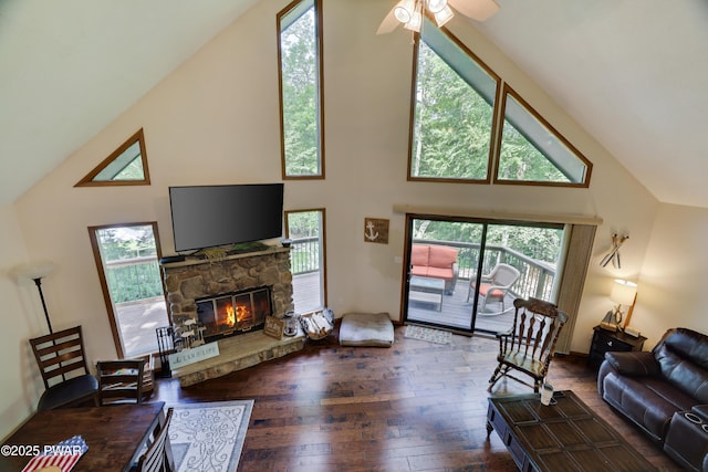 1706 Windemere Ct, Lake Ariel, PA 18436 - living area featuring high vaulted ceiling, dark wood-style flooring, a fireplace, healthy amount of natural light, and ceiling fan