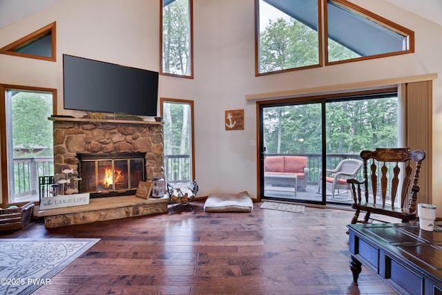 1706 Windemere Ct, Lake Ariel, PA 18436 - living room featuring hardwood / wood-style floors, high vaulted ceiling, and a stone fireplace