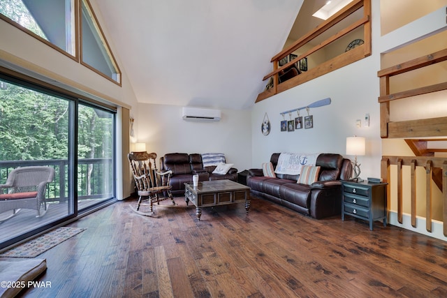 1706 Windemere Ct, Lake Ariel, PA 18436 - living room featuring high vaulted ceiling, a wall unit AC, and hardwood / wood-style floors