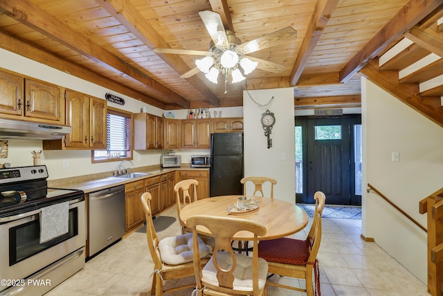1706 Windemere Ct, Lake Ariel, PA 18436 - kitchen featuring stainless steel appliances, under cabinet range hood, a wooden ceiling with exposed beams, brown cabinets, and ceiling fan