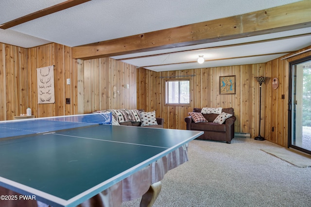 1706 Windemere Ct, Lake Ariel, PA 18436 - playroom with beamed ceiling, a baseboard heating unit, carpet, and wood walls