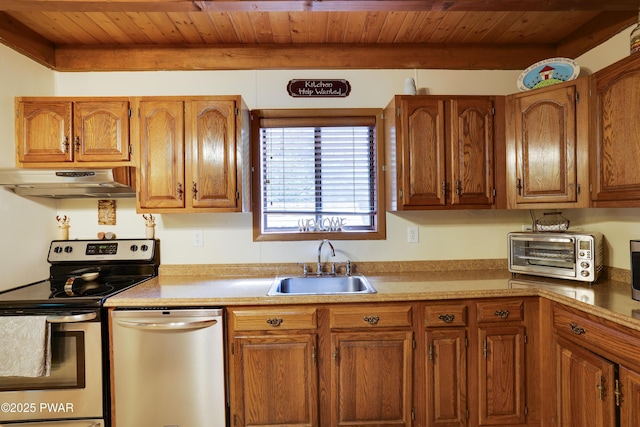 1706 Windemere Ct, Lake Ariel, PA 18436 - kitchen featuring stainless steel appliances, under cabinet range hood, a wooden ceiling with exposed beams, brown cabinets, and light countertops
