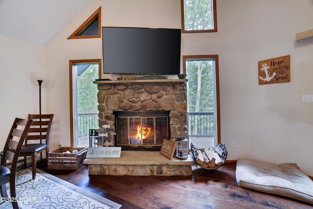 1706 Windemere Ct, Lake Ariel, PA 18436 - living area featuring high vaulted ceiling, hardwood / wood-style floors, and a stone fireplace