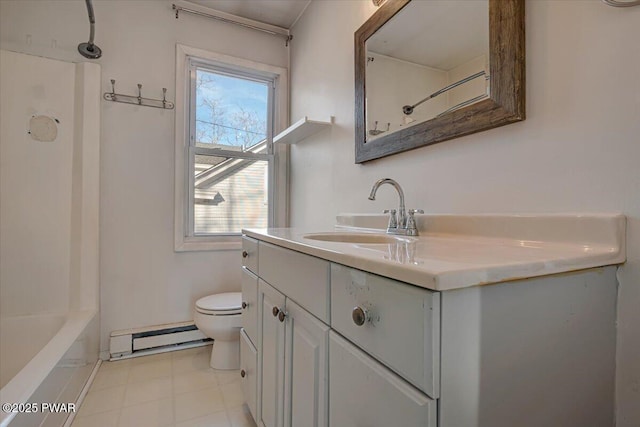 full bathroom featuring toilet, a baseboard radiator, vanity, and baseboards