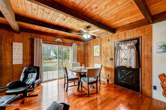 dining area with beamed ceiling, light wood-type flooring, wood ceiling, and wood walls