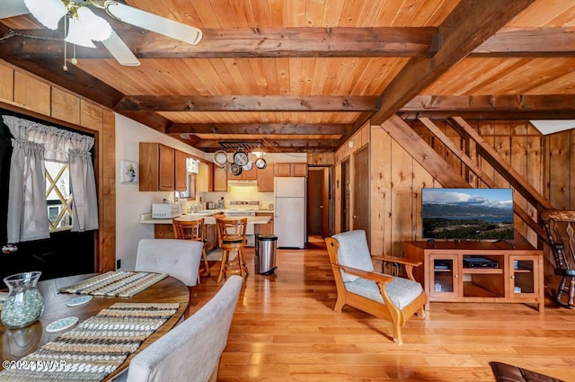 interior space with beamed ceiling, wooden ceiling, and wooden walls