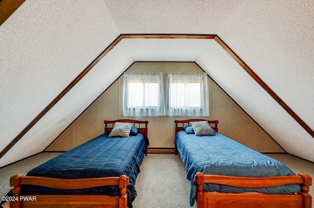 bedroom featuring lofted ceiling, carpet floors, and a baseboard heating unit