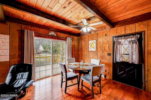 dining area with wooden ceiling, wooden walls, ceiling fan, beam ceiling, and wood-type flooring