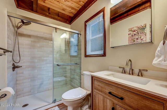 bathroom featuring vanity, toilet, a shower with shower door, and wooden ceiling