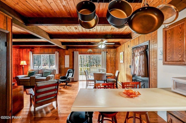 dining room with beamed ceiling, wood ceiling, and wooden walls