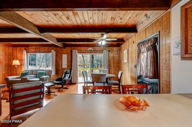 dining space featuring ceiling fan, a wealth of natural light, wooden walls, and wood ceiling