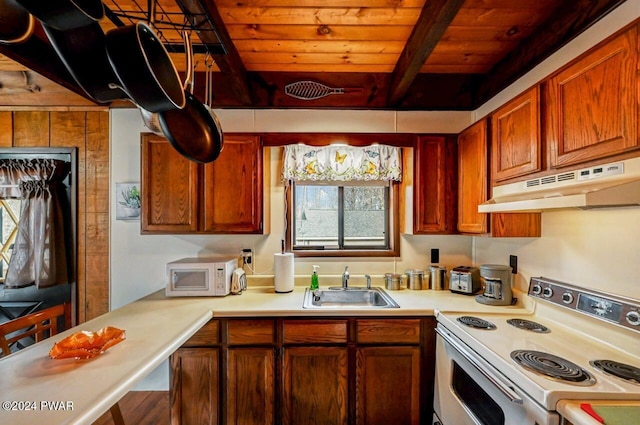 kitchen with sink, beam ceiling, white appliances, and wood ceiling