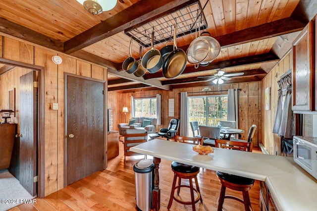 dining area featuring wood walls, wooden ceiling, and light wood-type flooring