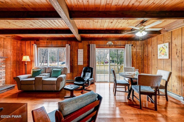 dining room with wooden walls, ceiling fan, wooden ceiling, and light hardwood / wood-style floors