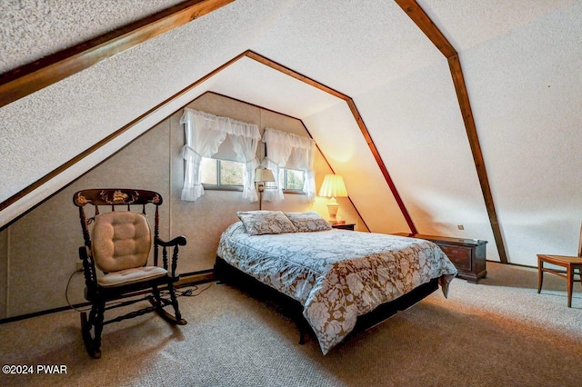 carpeted bedroom featuring lofted ceiling and a textured ceiling