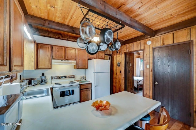 kitchen featuring wood walls, sink, range with electric stovetop, beamed ceiling, and white fridge