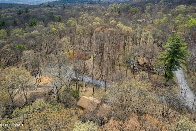 birds eye view of property featuring a forest view