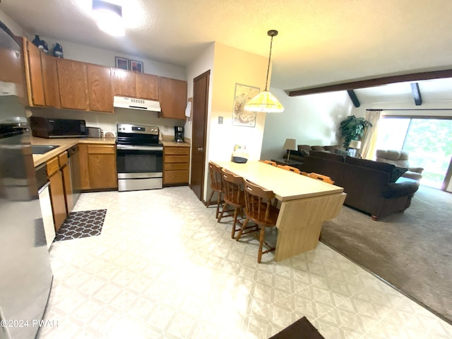 kitchen featuring beam ceiling, hanging light fixtures, kitchen peninsula, light colored carpet, and appliances with stainless steel finishes