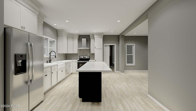 kitchen with wall chimney exhaust hood, stainless steel appliances, sink, a center island, and white cabinetry