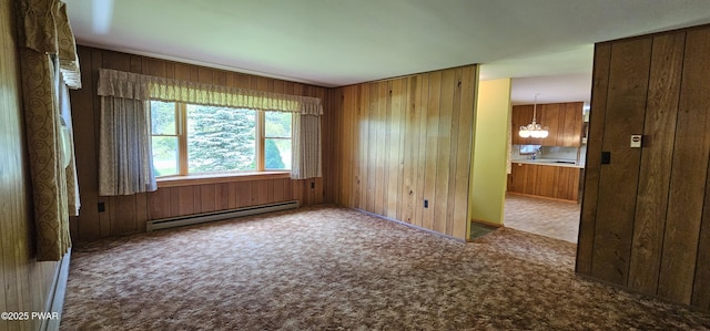 24 Buff Rd, Cochecton, Ny, NY 12726 - unfurnished room featuring baseboard heating, a chandelier, wooden walls, and carpet floors