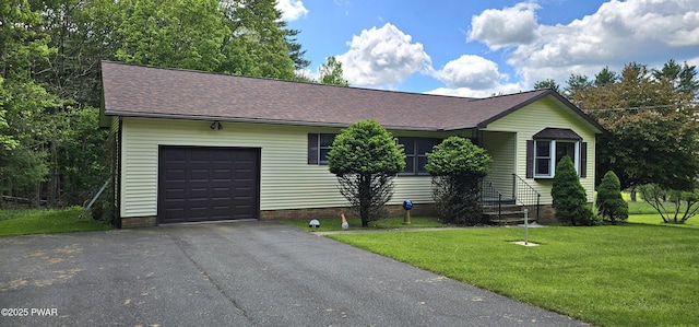 24 Buff Rd, Cochecton, Ny, NY 12726 - ranch-style house featuring roof with shingles, driveway, a front lawn, and a garage