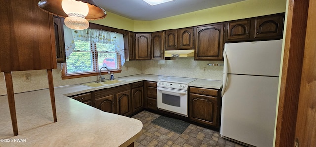 24 Buff Rd, Cochecton, Ny, NY 12726 - kitchen with white appliances, under cabinet range hood, a sink, dark brown cabinets, and light countertops