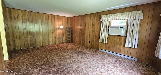 24 Buff Rd, Cochecton, Ny, NY 12726 - unfurnished room featuring baseboard heating, cooling unit, wooden walls, and carpet flooring