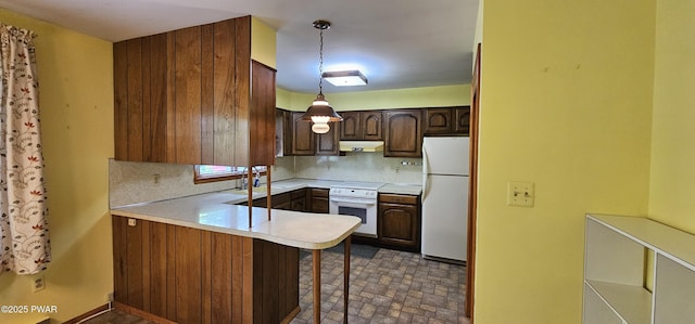 24 Buff Rd, Cochecton, Ny, NY 12726 - kitchen featuring white appliances, under cabinet range hood, backsplash, a peninsula, and light countertops