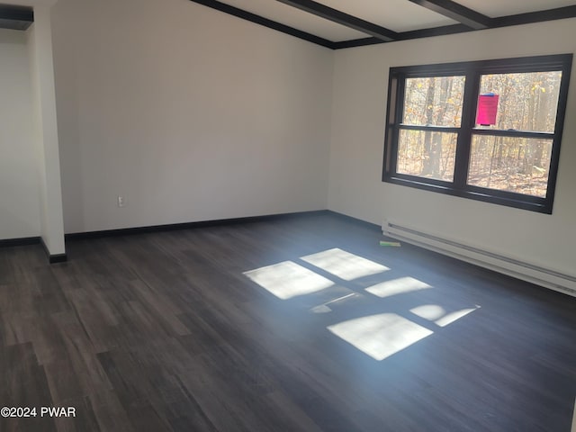 spare room with beamed ceiling, dark hardwood / wood-style flooring, and a baseboard heating unit