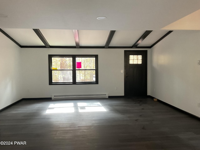 unfurnished room featuring baseboard heating, dark hardwood / wood-style flooring, and lofted ceiling with beams