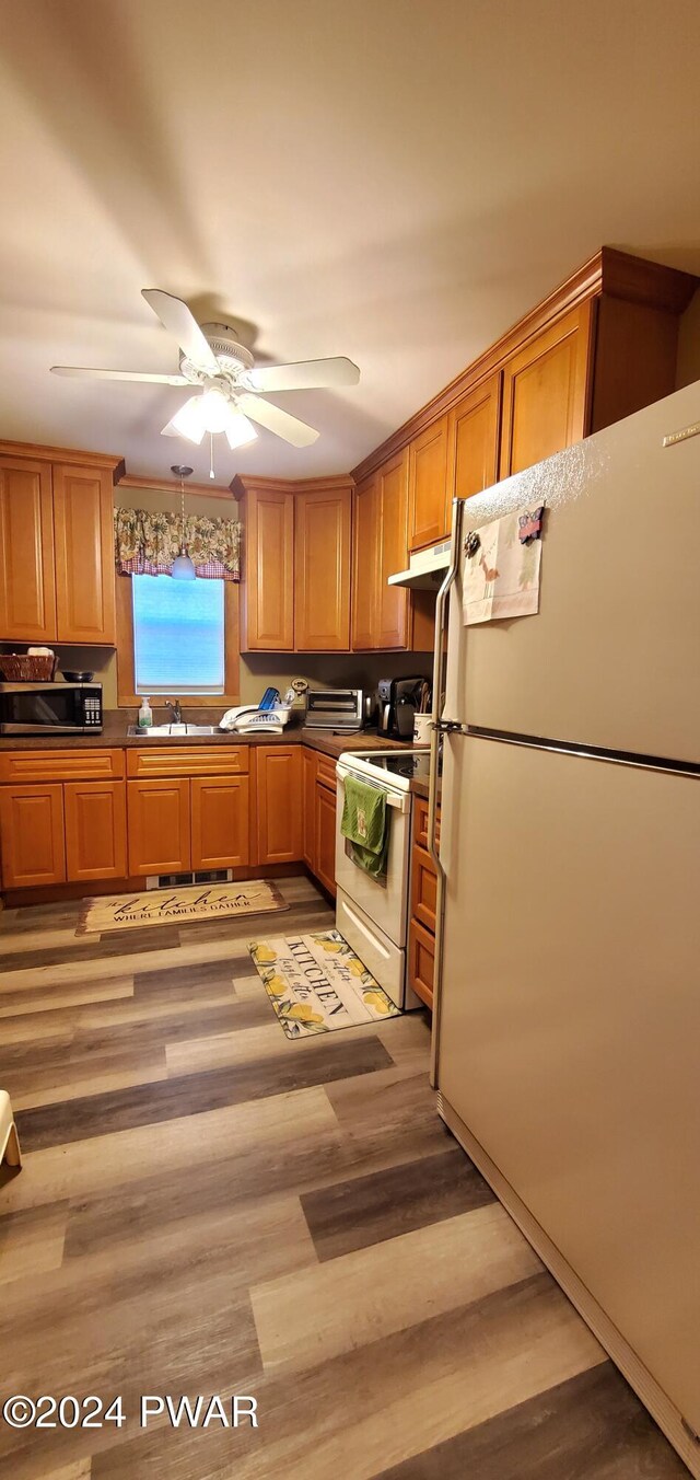 kitchen featuring decorative light fixtures, sink, ceiling fan, light hardwood / wood-style floors, and white appliances