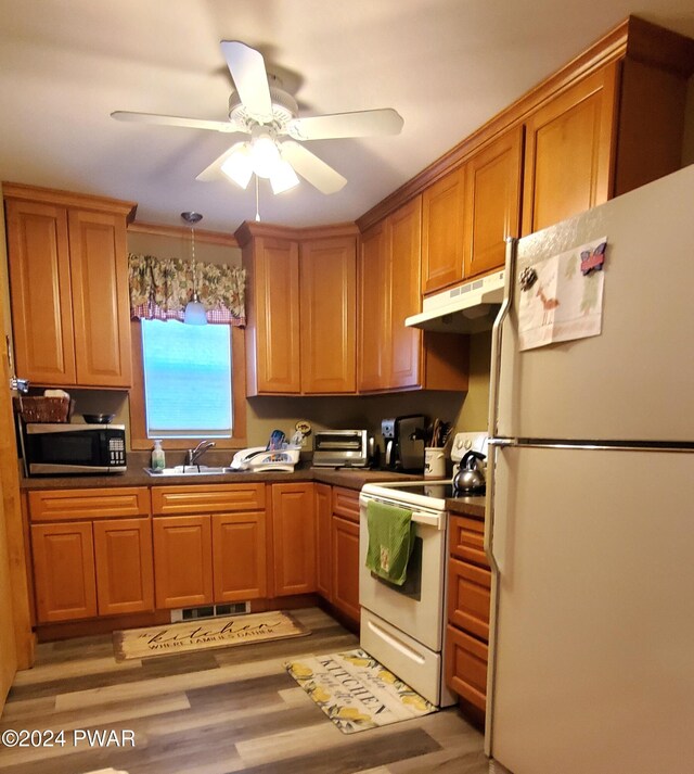 kitchen with pendant lighting, sink, white appliances, ceiling fan, and light hardwood / wood-style floors