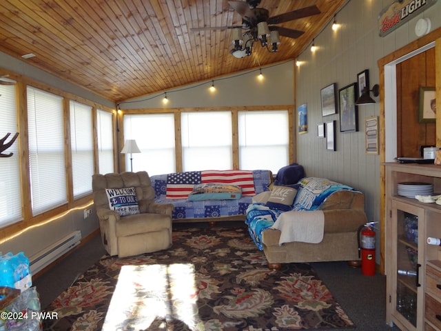 living room featuring baseboard heating, a healthy amount of sunlight, lofted ceiling, and wooden ceiling