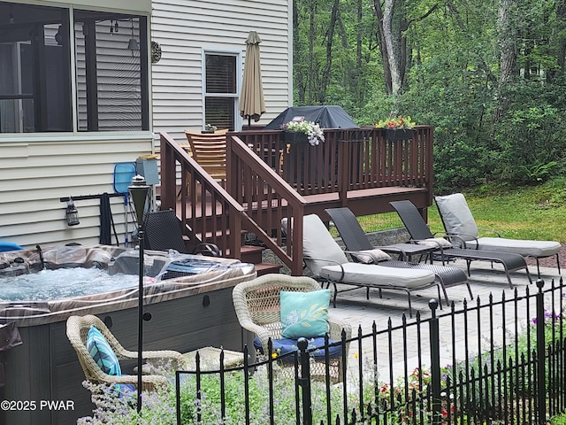 216 Comstock Dr, Lords Valley, PA 18428 - wooden terrace with a hot tub and a patio