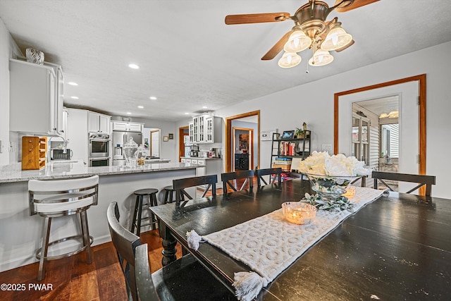 216 Comstock Dr, Lords Valley, PA 18428 - dining area featuring dark wood-style floors, recessed lighting, and ceiling fan