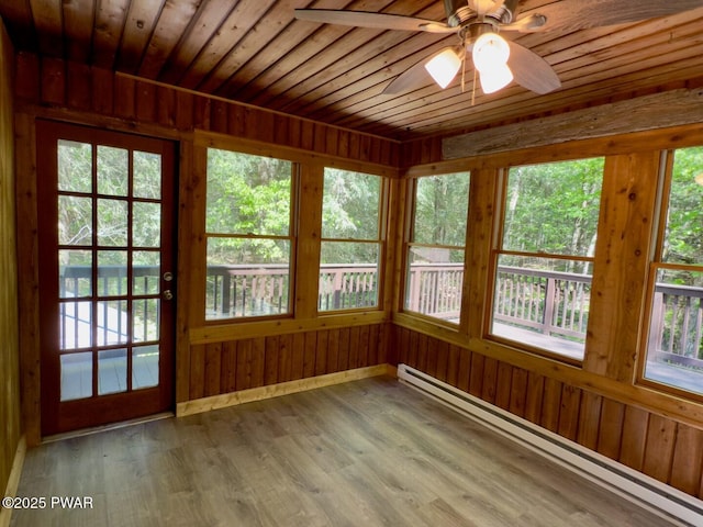 17 Applegate Rd, Lake Ariel, PA 18436 - unfurnished sunroom with a baseboard heating unit, wooden ceiling, wood finished floors, and wooden walls