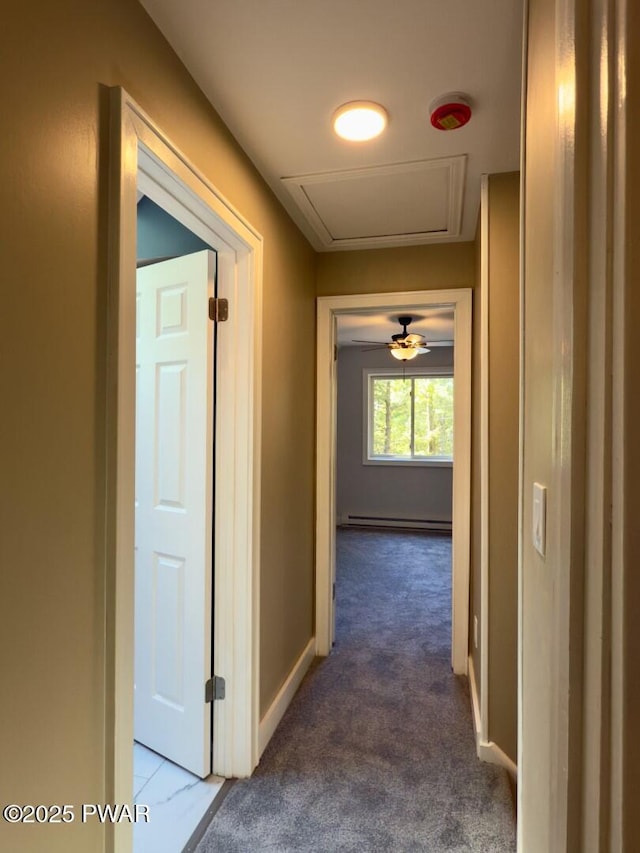 17 Applegate Rd, Lake Ariel, PA 18436 - hallway featuring a baseboard radiator, carpet floors, and baseboards