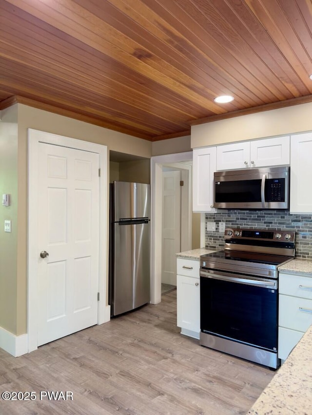 17 Applegate Rd, Lake Ariel, PA 18436 - kitchen with appliances with stainless steel finishes, white cabinetry, wooden ceiling, backsplash, and light wood-style floors
