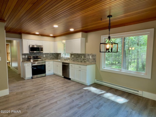17 Applegate Rd, Lake Ariel, PA 18436 - kitchen featuring stainless steel appliances, baseboard heating, a sink, wooden ceiling, and white cabinets