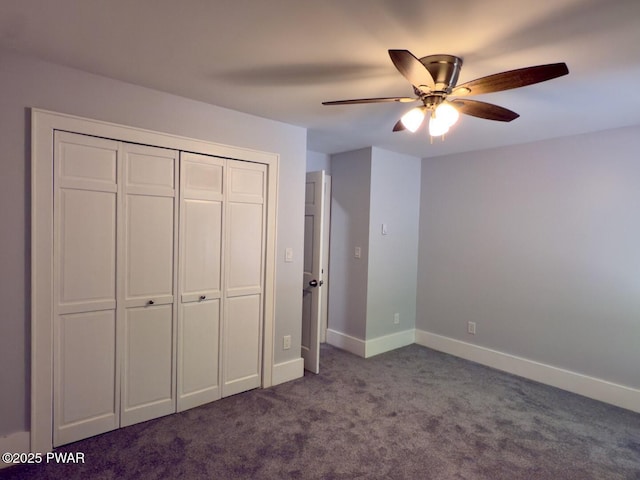 17 Applegate Rd, Lake Ariel, PA 18436 - unfurnished bedroom with dark carpet, baseboards, a closet, and a ceiling fan