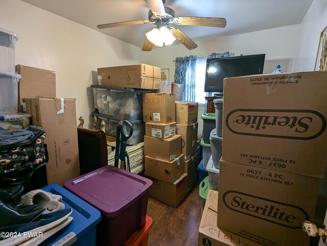 storage area featuring ceiling fan