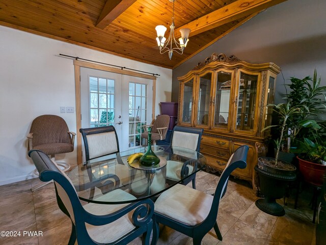 dining room with french doors, vaulted ceiling with beams, an inviting chandelier, and wood ceiling