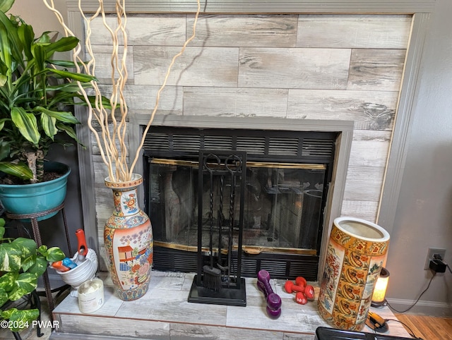 interior details with a fireplace